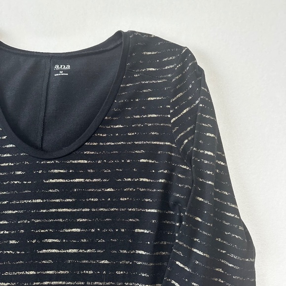 ANA A New Approach Women’s Black Long Sleeve Gold Metallic Stripe T-Shirt Size M - Picture 2 of 6